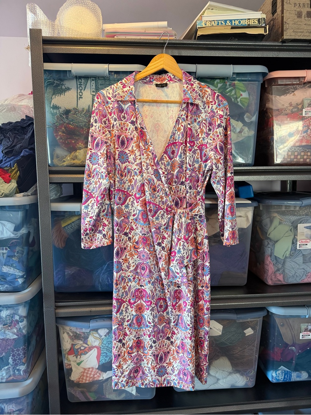 Talbots Pink and Purple Stretch Knit Floral Paisley Faux Wrap Dress L